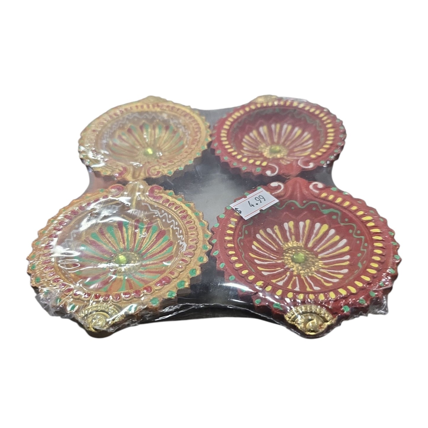 Decorated Clay Agal Vilakku – Set of 4 (Hand-Painted Diyas)