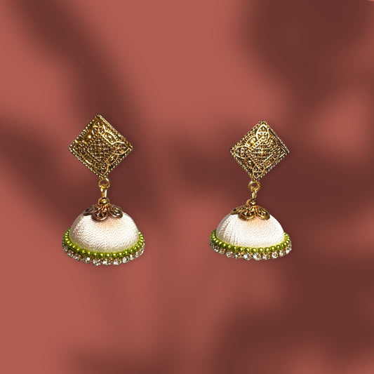 Silk Thread White with Light Green Beads White Stones Jhumka