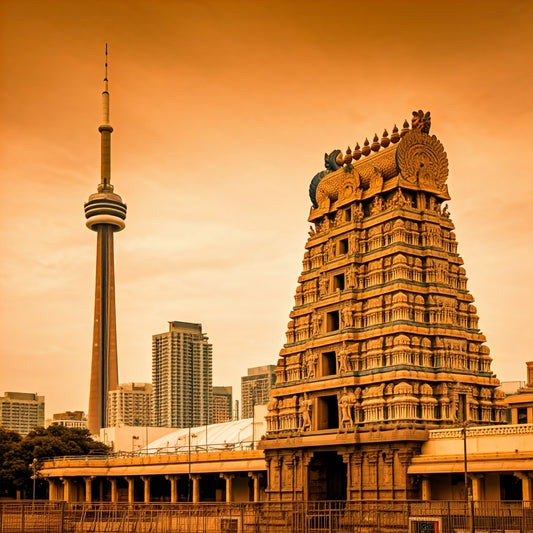 Ornate Indian temple with intricate carvings beside modern city skyline and tower