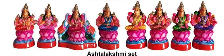 Ashtalakshmi set: Eight colorful Hindu goddess statues on lotus bases, ideal for puja and Indian celebrations