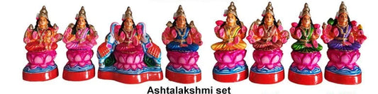 Ashtalakshmi set: Eight colorful Hindu goddess statues on lotus bases, ideal for puja and Indian celebrations