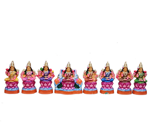 Colorful Hindu deity idols for puja, featuring Lakshmi, Ganesha & others on lotus bases, ideal for Indian celebrations