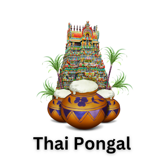 Thai Pongal festival with colorful temple, decorated pots, and sugarcane stalks for traditional celebration