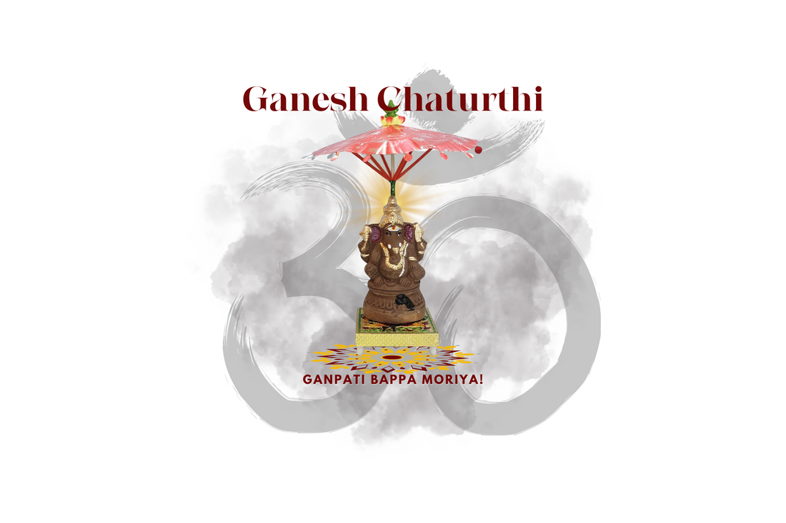 Ganesh Chaturthi celebration with Lord Ganesha idol under pink umbrella, festive rangoli, and 'Ganpati Bappa Moriya' text