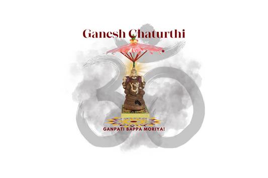 Ganesh Chaturthi celebration with Lord Ganesha idol under pink umbrella, festive rangoli, and 'Ganpati Bappa Moriya' text