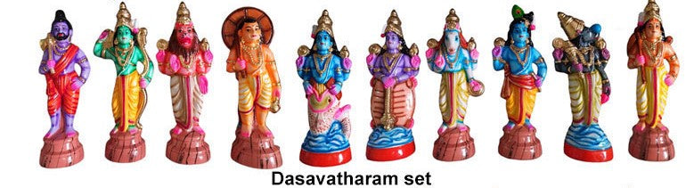 Colorful Dasavatharam set of Hindu deity statues for puja and home decor