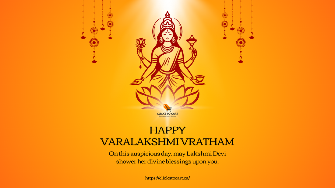 Happy Varalakshmi Vratham greeting with Lakshmi Devi on lotus, festive decorations, and blessings for prosperity.
