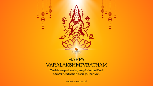 Happy Varalakshmi Vratham greeting with Lakshmi Devi on lotus, festive decorations, and blessings for prosperity.
