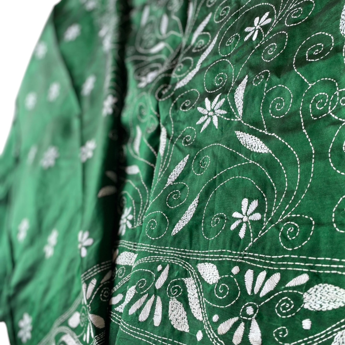 Hand-Embroidered Green Silk Saree - A Work of Art