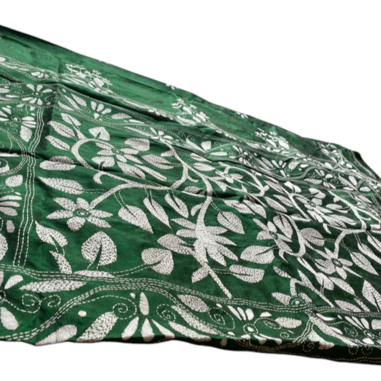 Hand-Embroidered Green Silk Saree - A Work of Art