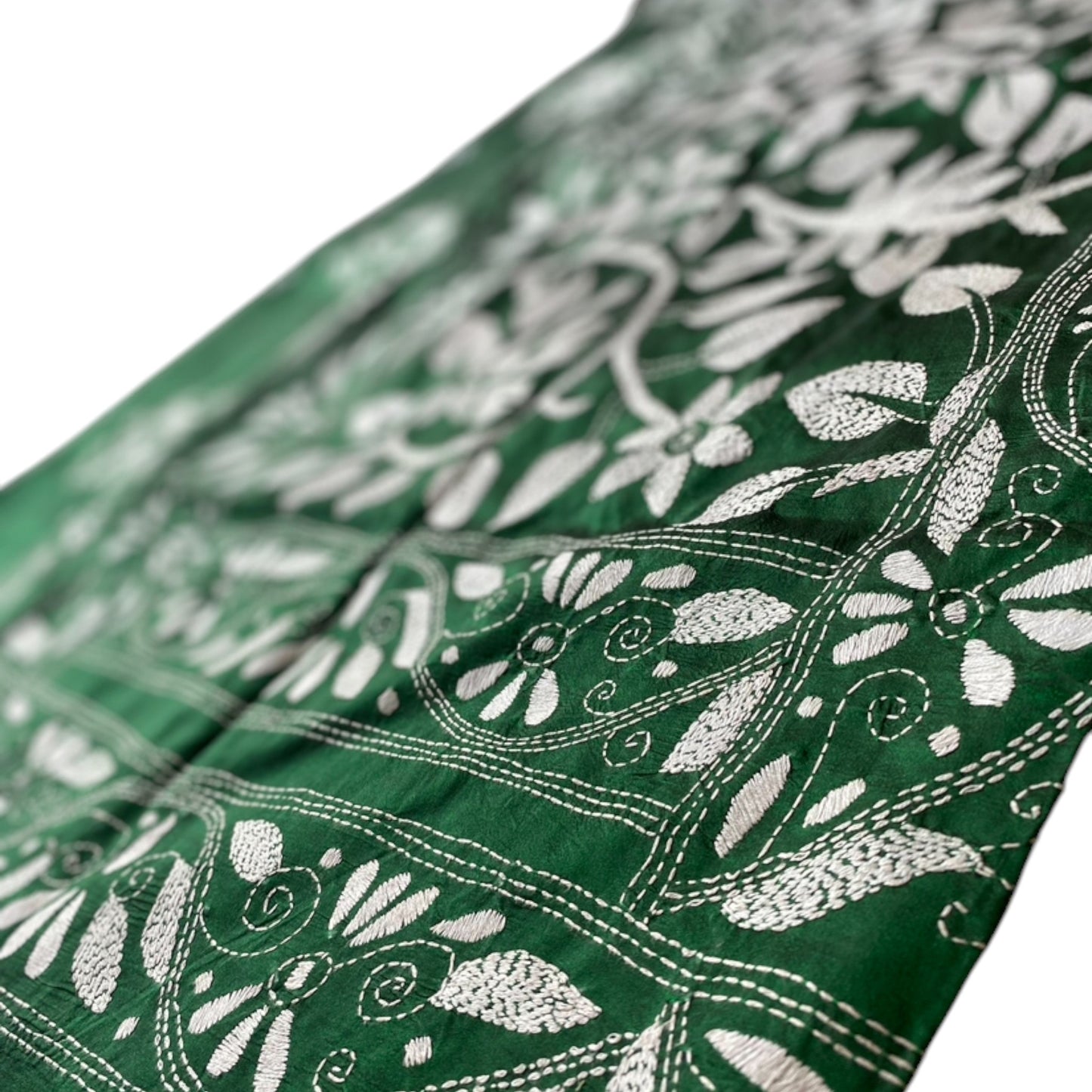 Hand-Embroidered Green Silk Saree - A Work of Art