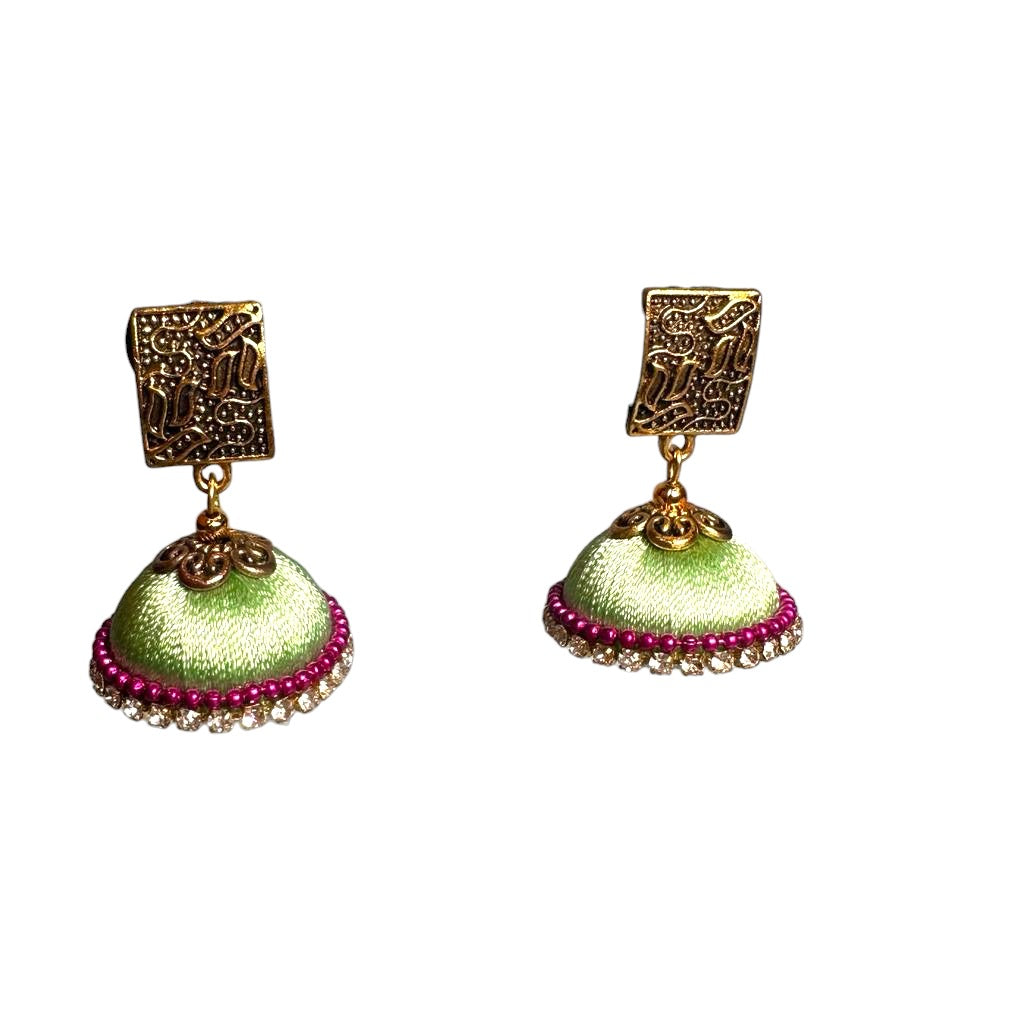 Silk Thread Greenish Cyan with White Stone Jhumka