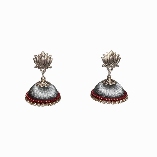 Silk Thread Grey with Red Beads White Stones Jhumka