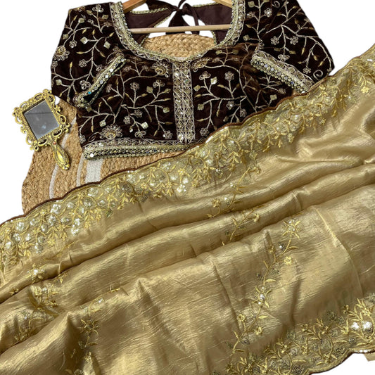 Luxurious Golden Tissue Saree with Stitched Blouse - Perfect for Weddings