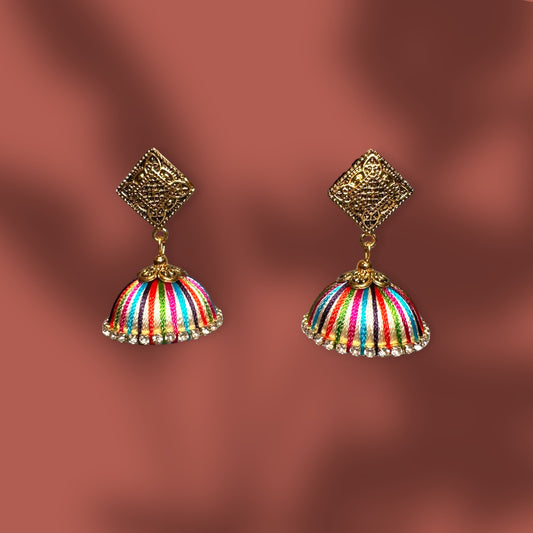 Silk Thread Multi Color with White Stones Jhumka