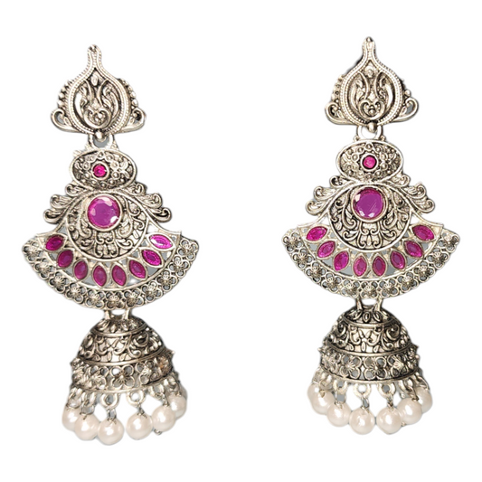 Studs Earrings Ruby Pearl Oxidized Silver Fancy Style Party wear Jhumka