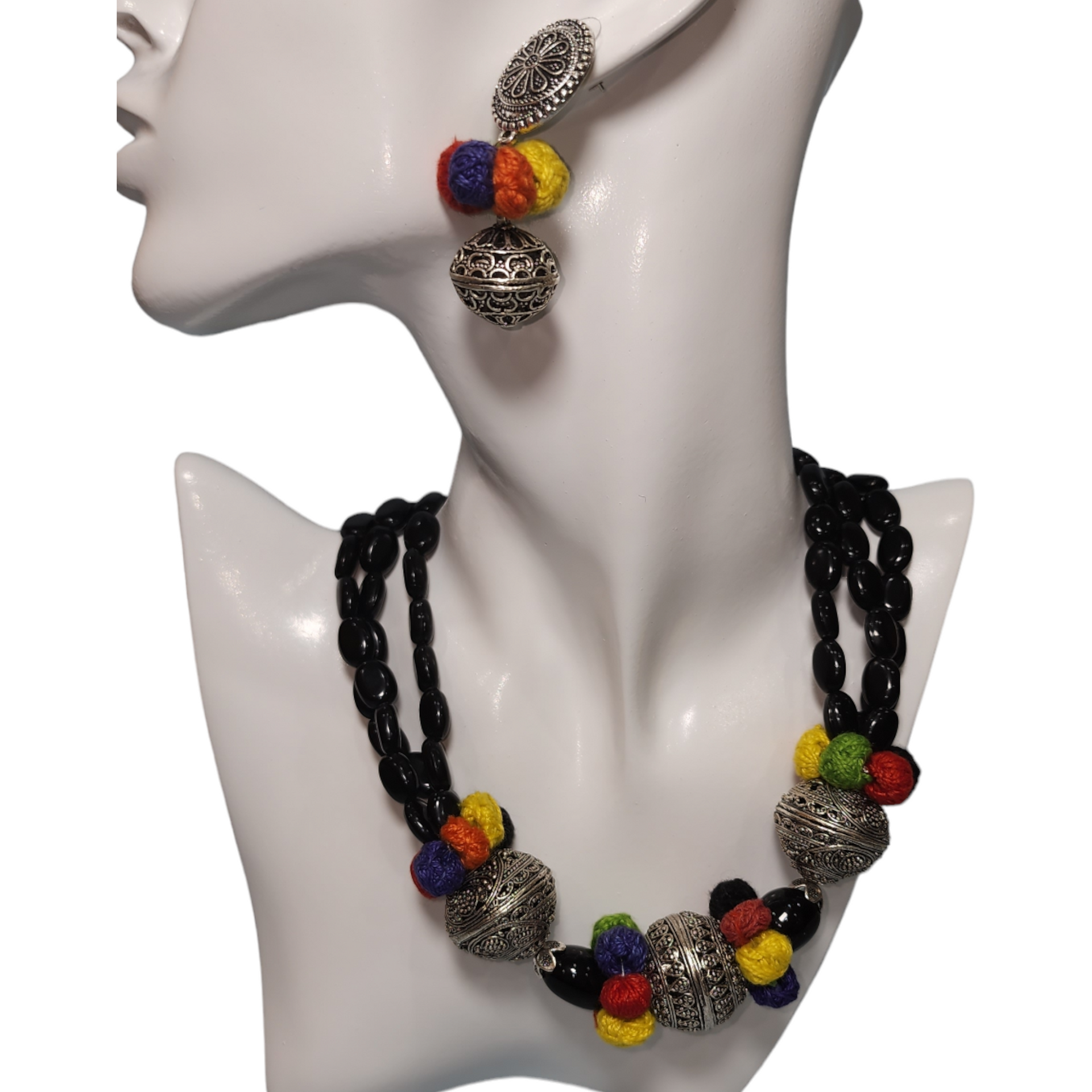 Necklaces Set Oxidized Silver Multicolor Black Beads Finish Party