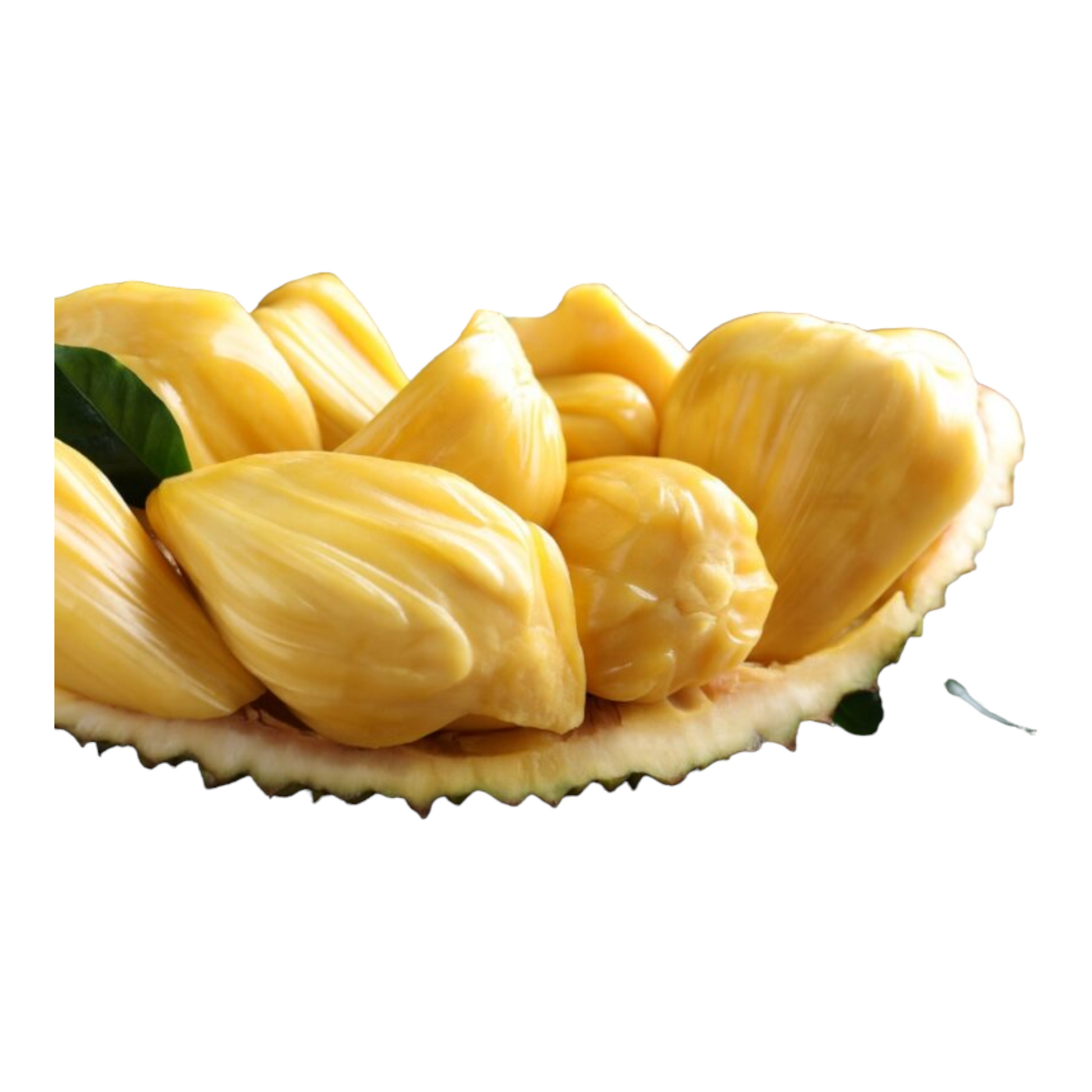 Ripe jackfruit cut open, showcasing its vibrant yellow flesh and seeds.