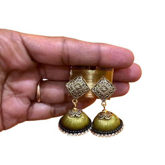 Silk Thread Olive Green with White Stone Jhumka