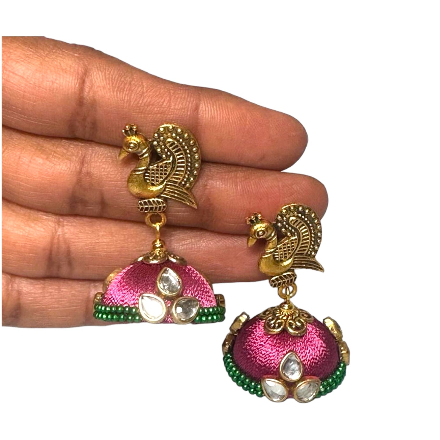 Silk Thread Mulberry Pink with Stone Work Big Jhumka / Onion Pink Jhumka