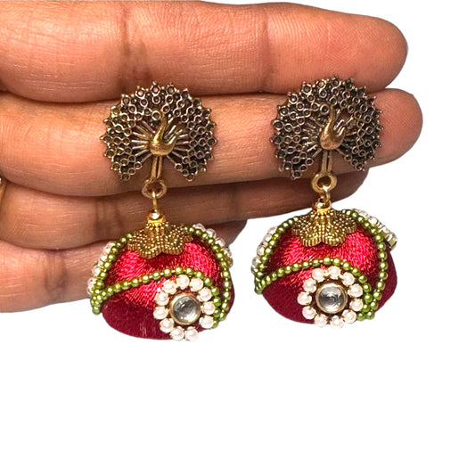 Silk Thread Maroon with Stone Work Big Jhumka