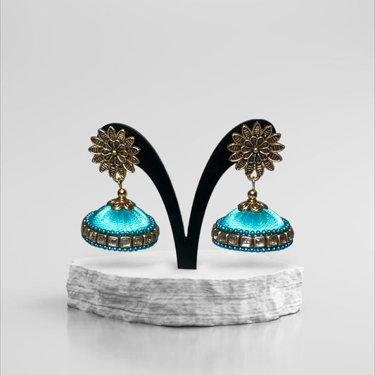 Silk Thread Sky Blue with Stone Work Big Jhumka